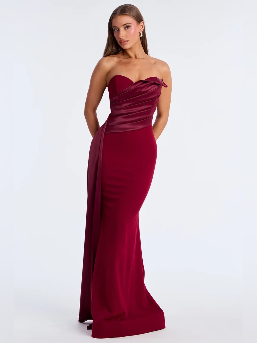 Fashion Nova Katarina Burgundy Strapless Maxi Gown Dress Size M